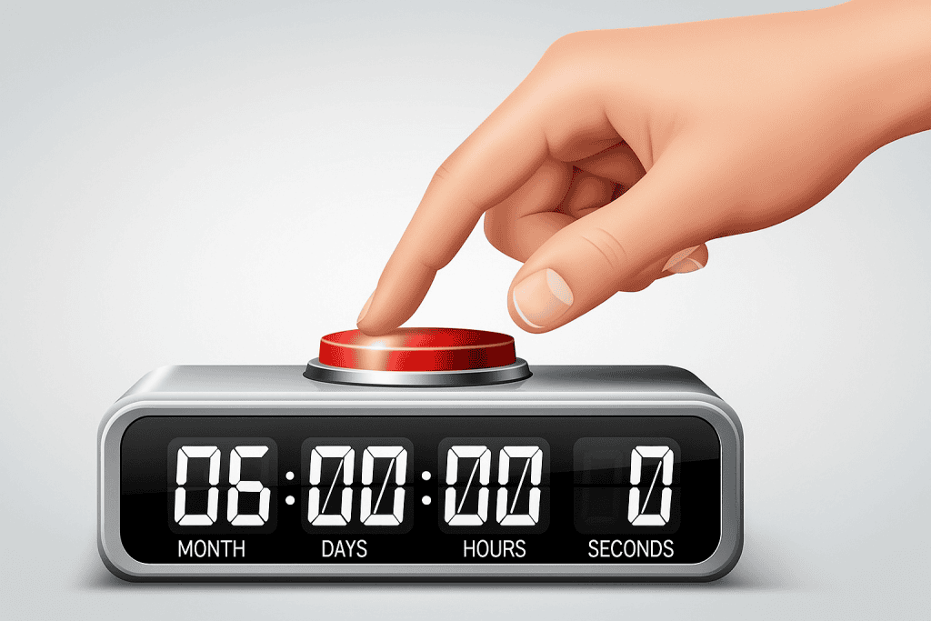 Digital countdown timer with hand pressing red button for time management and productivity.