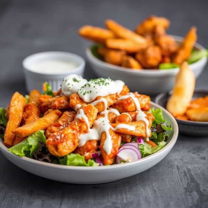 Buffalo chicken salad with sweet potato fries