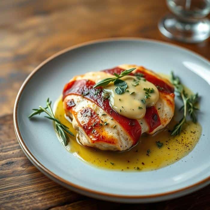 Roasted chicken with red pepper and cream sauce