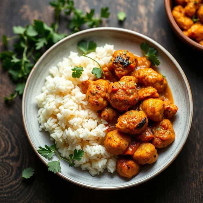 Spicy meatballs over white rice