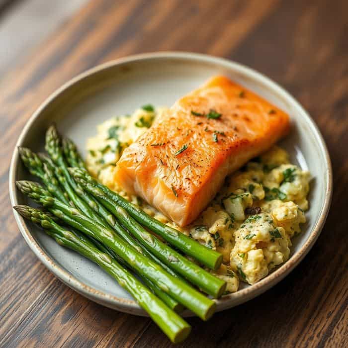 Salmon with asparagus and herb scrambled eggs
