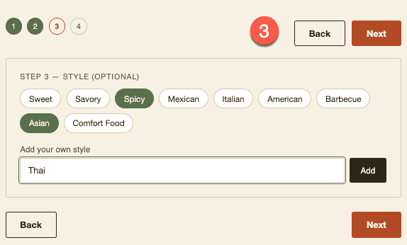 Diet Match Step 3: optionally choose a style such as spicy, Asian, comfort food, or your own