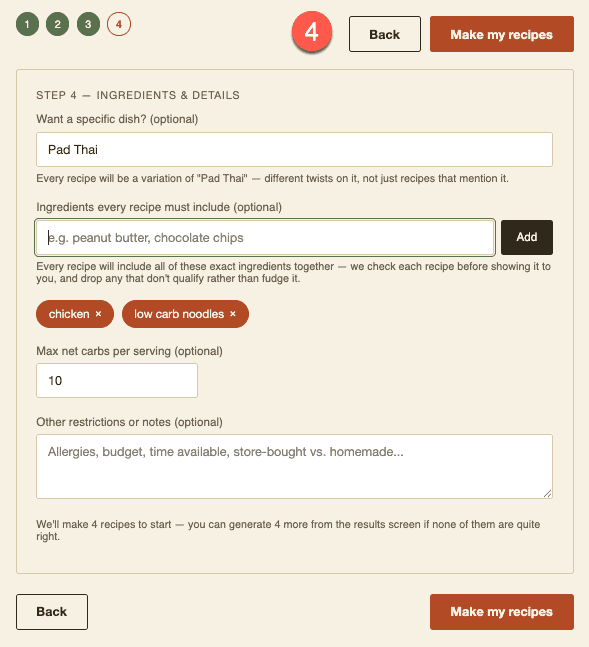 Diet Match Step 4: optionally add a specific dish, required ingredients, a net carb limit, and other notes