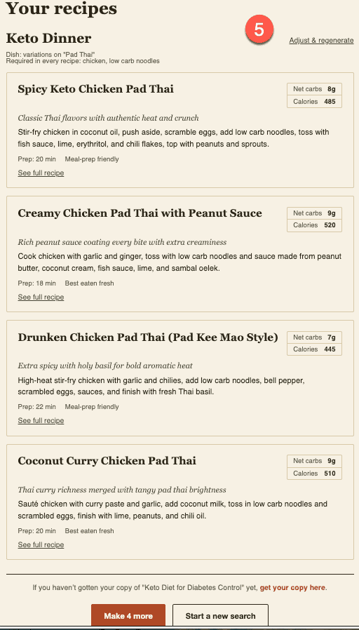 Diet Match results screen showing four generated recipes with net carbs, calories, and prep time