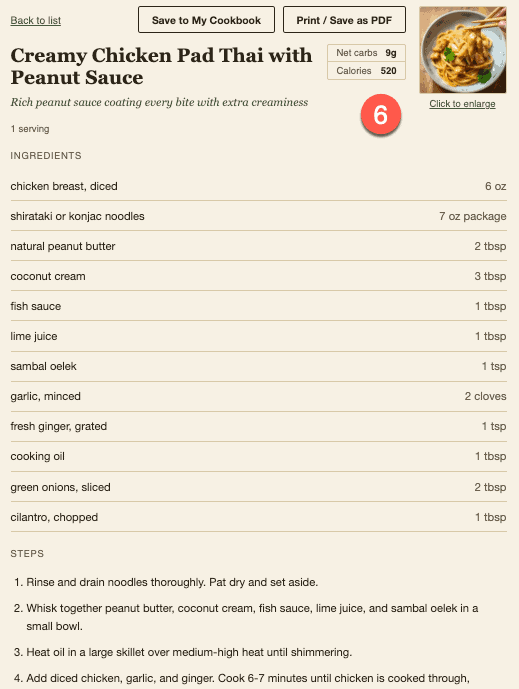 Diet Match full recipe detail screen showing ingredients, numbered steps, and a photo, with a Save to My Cookbook button