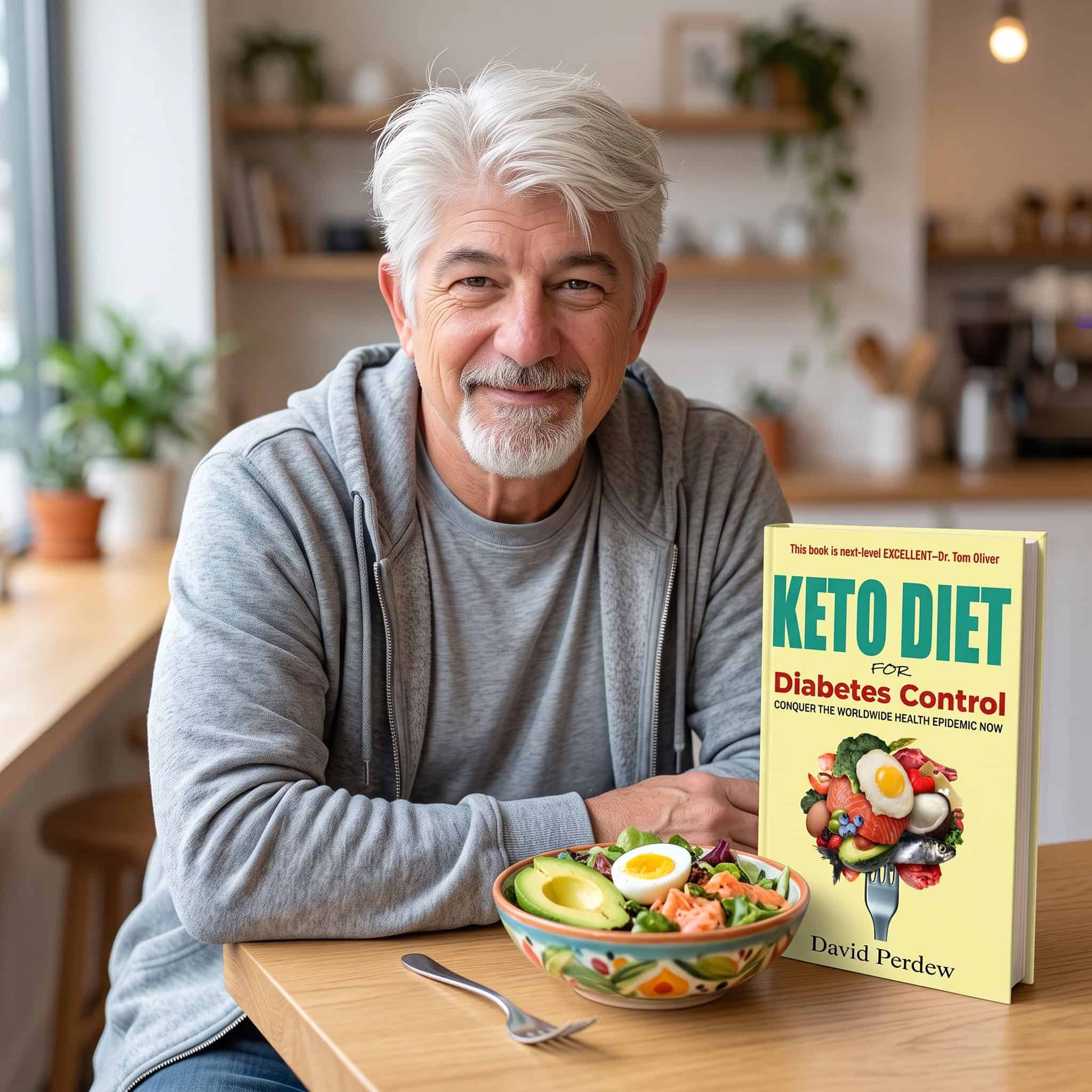 David Perdew leaning over his kitchen table with a bowl of keto food and his book, Keto Diet for Diabetes Control