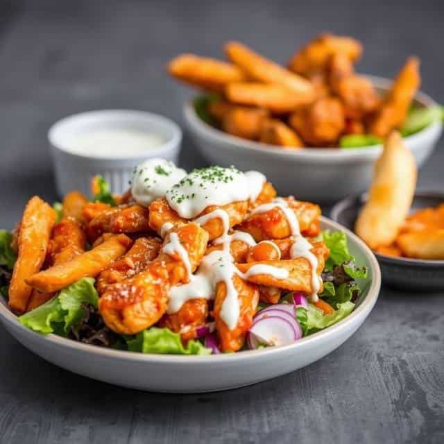 Buffalo chicken salad with sweet potato fries