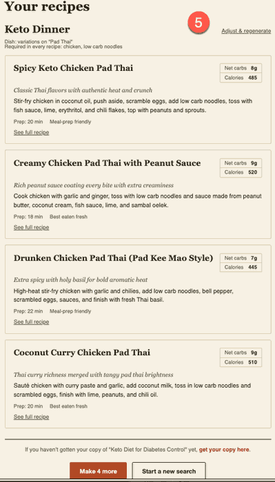 Diet Match results screen showing four generated recipes with net carbs, calories, and prep time