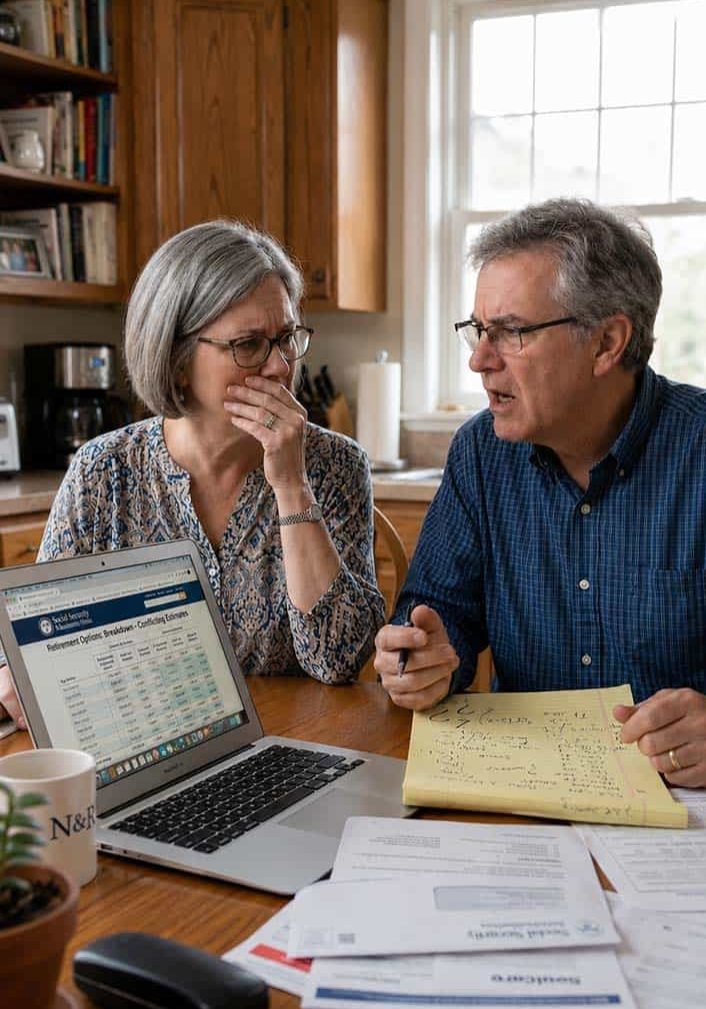 David Perdew and woman reviewing financial documents in kitchen.
