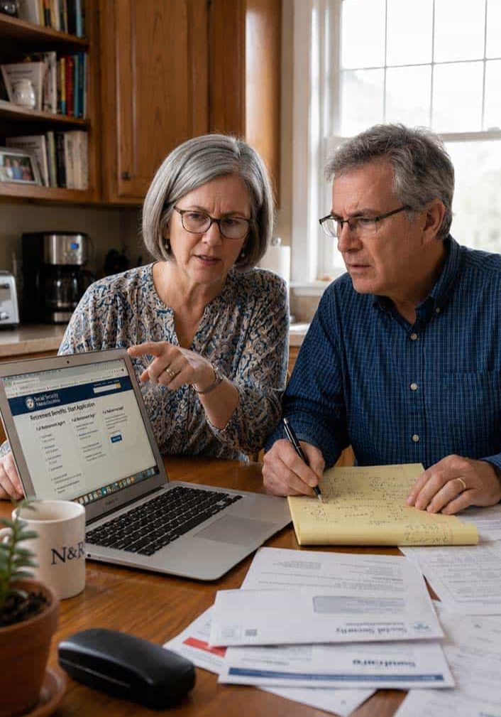 Senior couple discussing financial plans with advisor at home, reviewing documents and laptop.